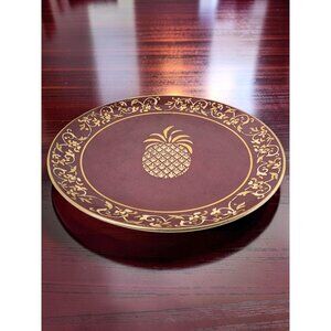 vintage Andrea By Sadek Red Burgundy Decorative Plate w/ Gold Pineapple